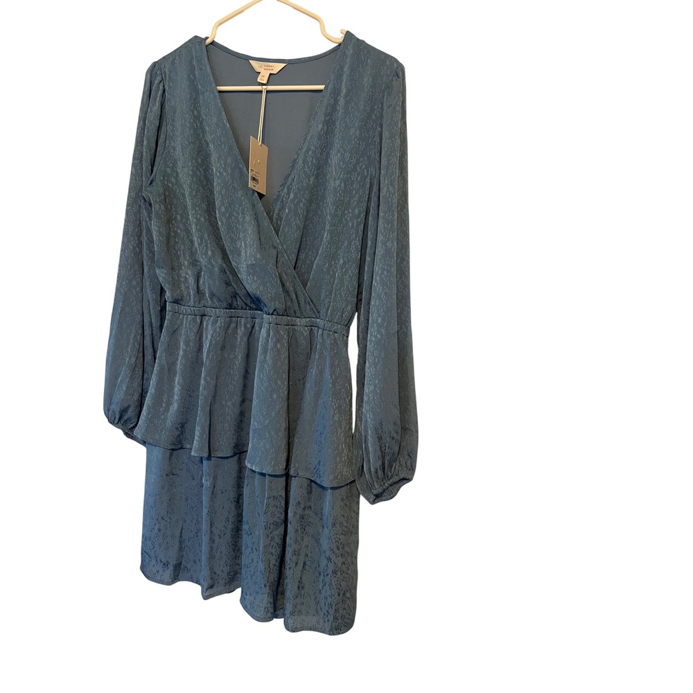 LC Lauren Conrad Blue Floral Jacquard Tiered Wrap Mini Dress Long Sleeve Size M